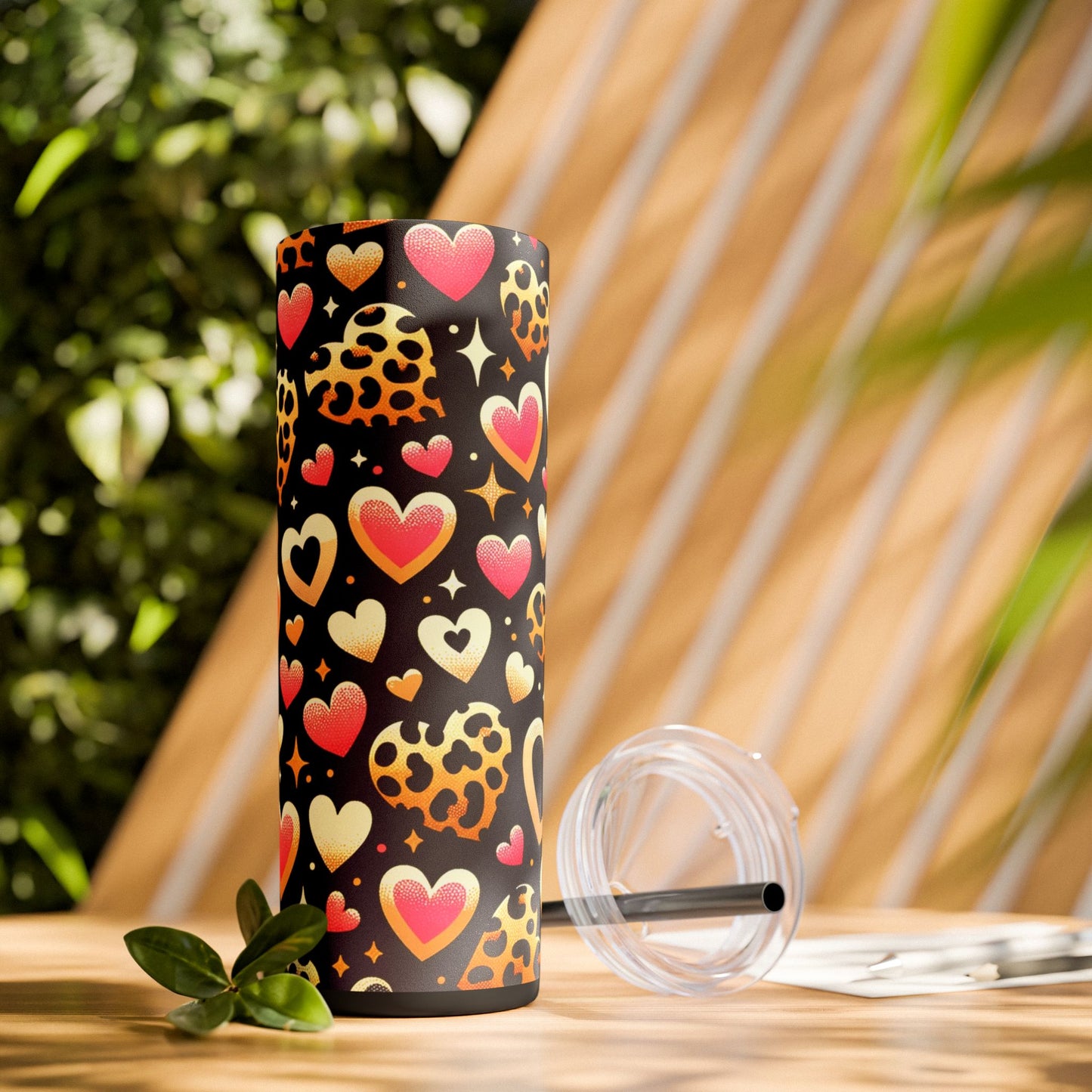 Valentines Leopard Hearts Skinny Tumbler with Straw, 20oz