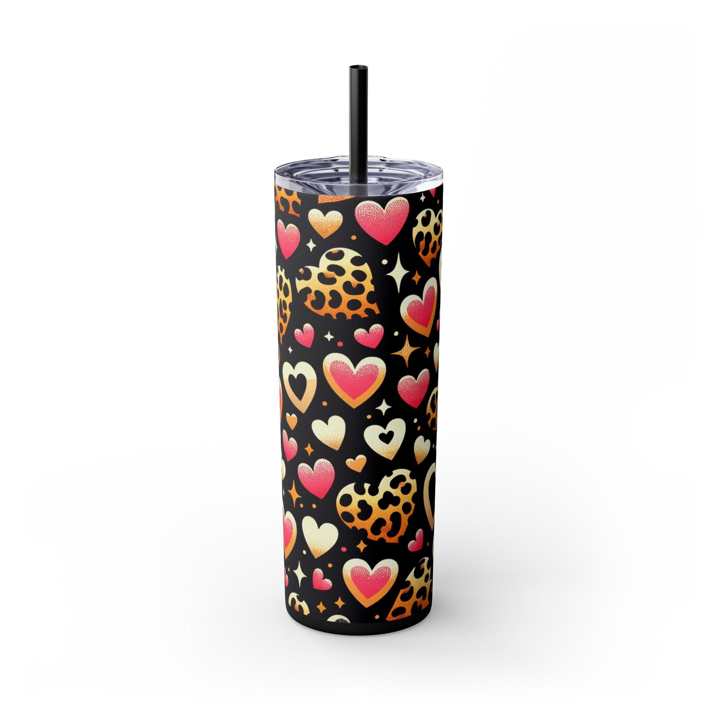 Valentines Leopard Hearts Skinny Tumbler with Straw, 20oz