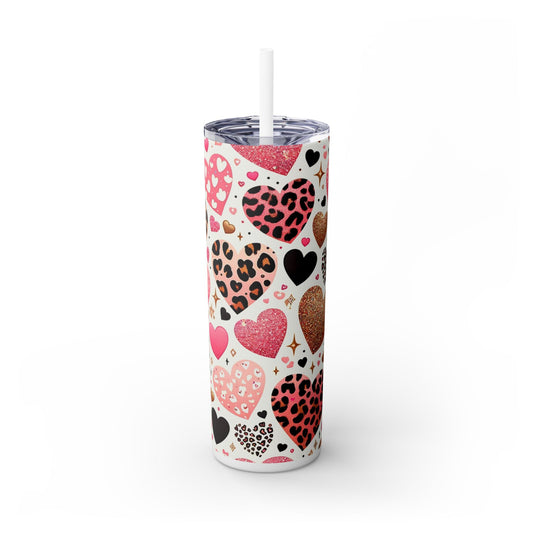 Leopard Hearts Skinny Tumbler with Straw, 20oz